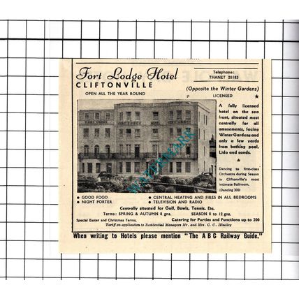 Fort Lodge Hotel Cliftonville Hindley / Walpole Bay Small Advert -1958 Cutting