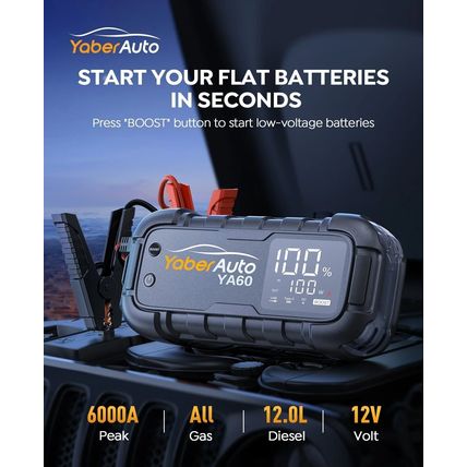 YABER 6000A Jump Starter 150W Car Battery Charger 600LM Flashlight 45w PowerBank