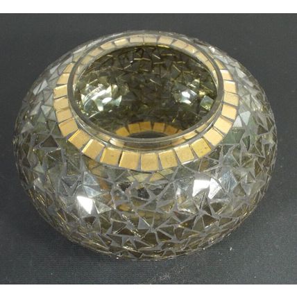 Vintage Mosaic Art Tile Bowl Vase Decorative Glass Clear Gold Trim 3 3/4" Height