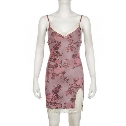Fairycore Grunge Print Floral Bodycon Mini Dress French Chic Elegant Lace Stitc
