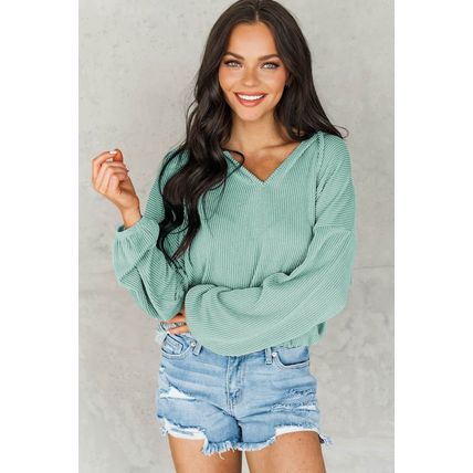 Green Loose Fit Ribbed V Neck Hoodie