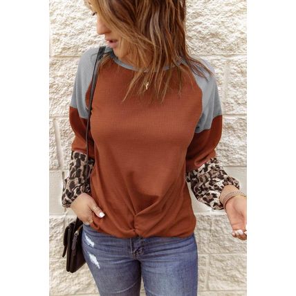 Leopard Long Sleeve Waffle Knit Orange Blouse with Twist Knot