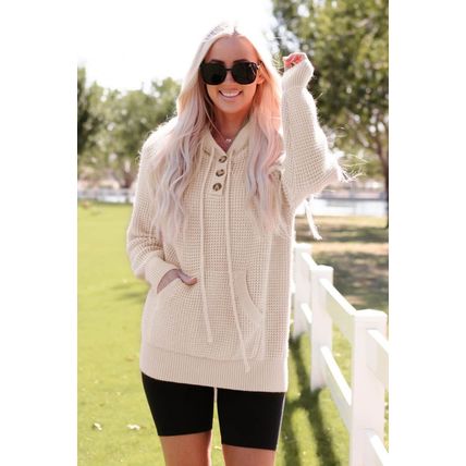 Apricot Waffle Knit Buttons Hooded Sweater with Pocket