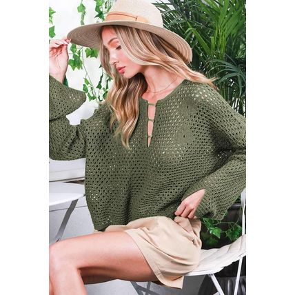 Vineyard Green Open Knit Buttoned Neck Split Sleeve Sweater