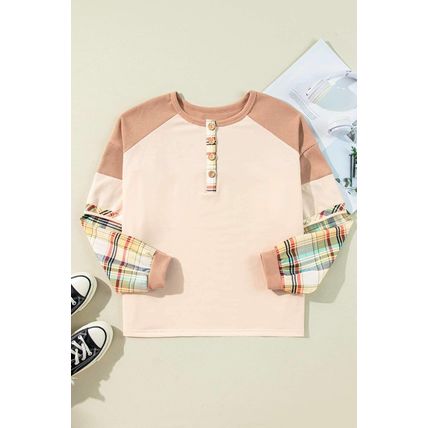 Parchment Plus Size Plaid Patchwork Layered Henley Top