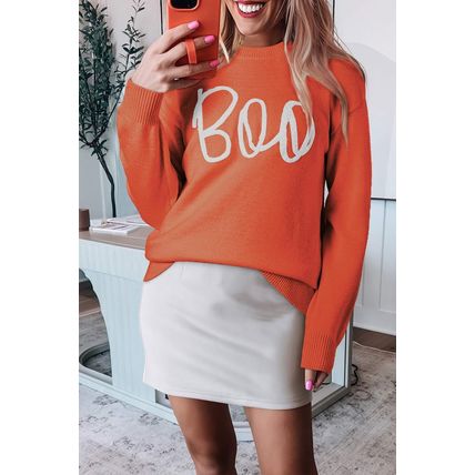 Orange Boo Knitted Pattern Ribbed Edge Drop Shoulder Sweater