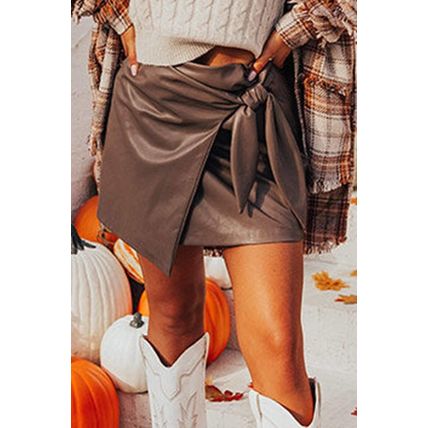 Coffee Bowknot Faux Leather Mini Skirt