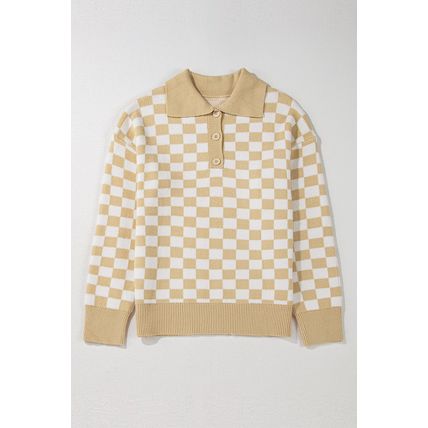 Apricot Checkered Buttons Collar V Neck Drop Shoulder Sweater