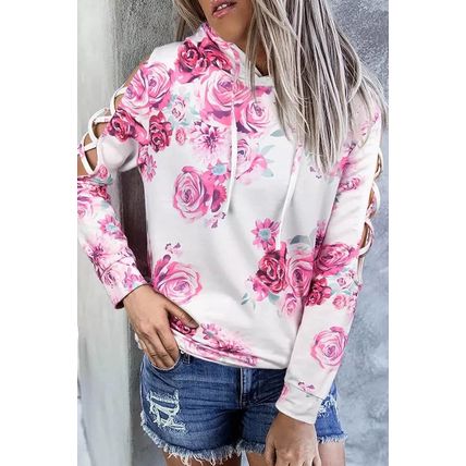 White Floral Print Criss-Cross Cold Shoulder Hoodie