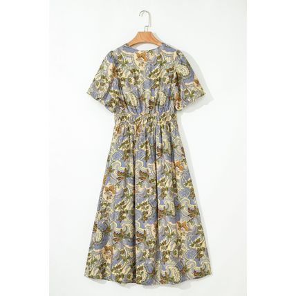 Multicolour Vintage Floral V Neck Short Puff Sleeve Long Dress