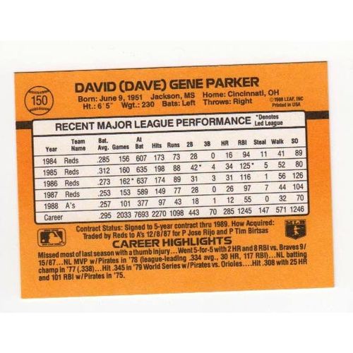 1989 Donruss Dave Parker baseball card #150 – Athletics