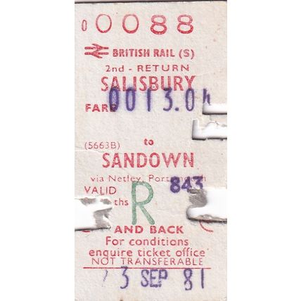 SALISBURY - SANDOWN Isle of Wight British Railways (S) Ticket 1981 BR 0088