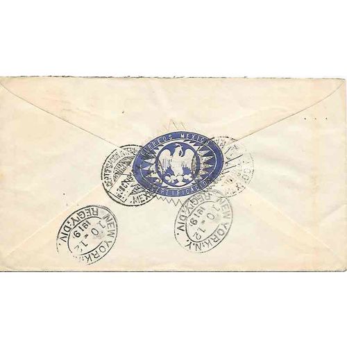 Mexico Postal Sta, Mexico City to NY USA, UPU Type REGISTERED Label 1919