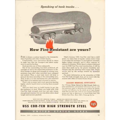UNITED STATES STEEL CORP 1956 fire-resistant tank trucks vintage ad