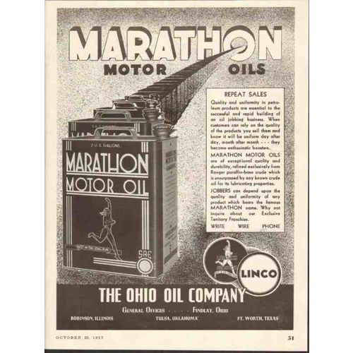 OHIO OIL COMPANY 1937 Linco Marathon Motor repeat sales vintage ad