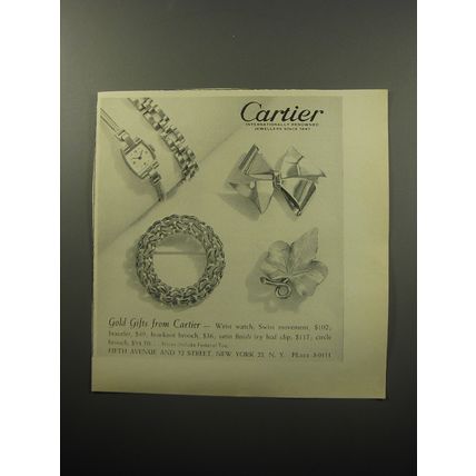 1951 Cartier Jewelry Ad - Wrist Watch, Bracelet, Bowknot Brooch, Ivy Leaf Clip