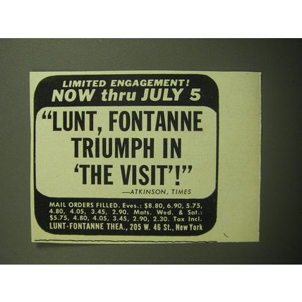 1958 The Visit Play Ad - Limited Engagement! Now thru July 5