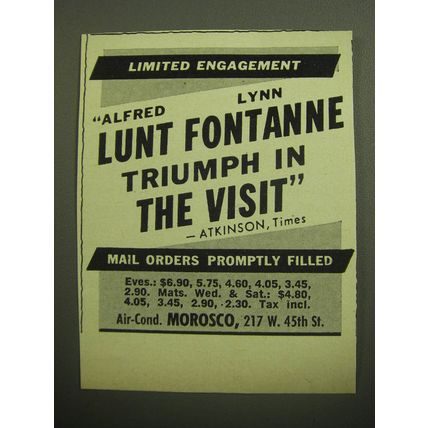 1958 The Visit Play Ad - Limited Engagement Alfred Lunt Lynn Fontanne