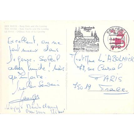 Des Rhein Burg Katz und die Loreley Germany postcard posted 1974 VGC