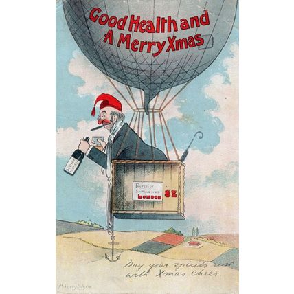 Mad Scientist Professor In Hot Air Balloon To London Old Comic Postcard
