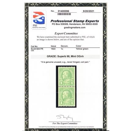 604, Mint Superb NH 1¢ Coil Pair - With Graded 98 PSE Certificate - Stuart Katz