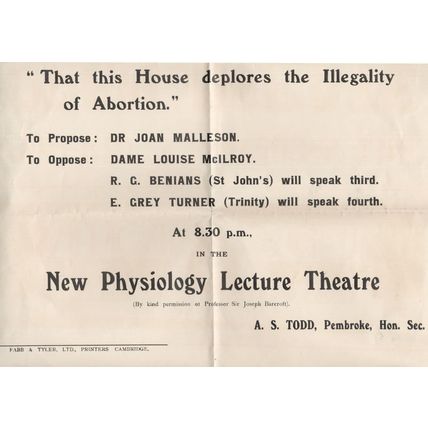 Joan Malleson Historic Abortion Campaigner Lecture Old Cambridge Poster