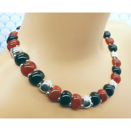 Vintage Chunky 925 Sterling Silver Onyx & Carnelian Statement Necklace with Box