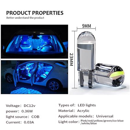 2 x T10 CAR 501 LED SIDE LIGHT BULBS 1 COB SMD W5W BULB Blue Pink Green White