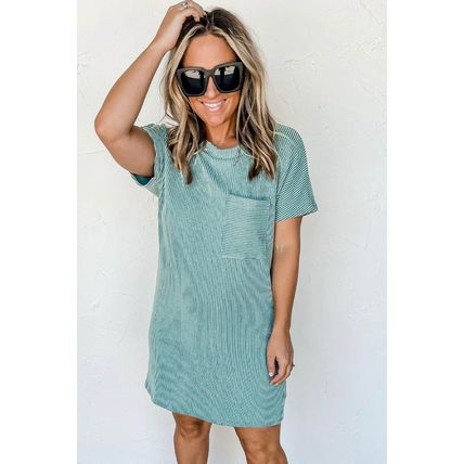 Blue Striped Ribbed Knit T-shirt Shift Dress