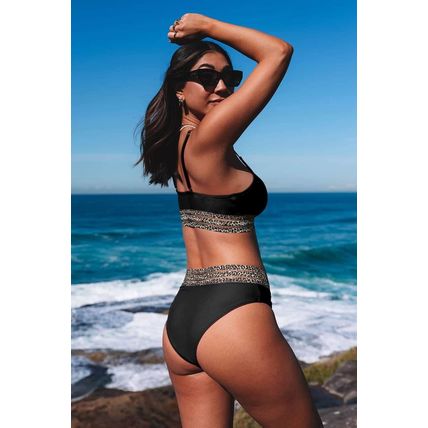 Black Rose Leopard Mesh Trim 2pcs Bikini Swimsuit