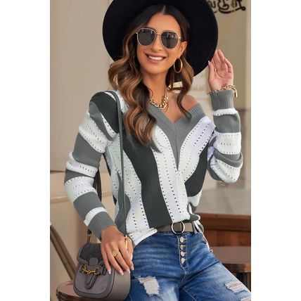 Gray Striped Colorblock V Neck Knitted Sweater