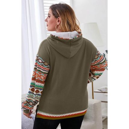 Jungle Green Aztec Patchwork Sleeve Waffle Drawstring Plus Hoodie