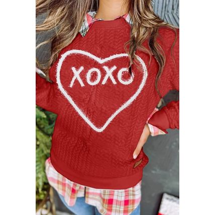 Racing Red Heart XOXO Chenille Embroidered Textured Sweatshirt