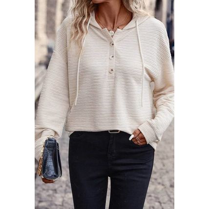 Apricot Solid Textured Drawstring Henley Hoodie