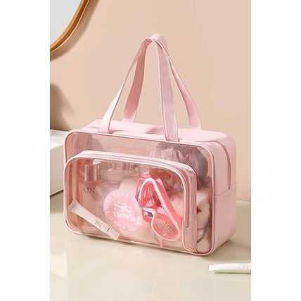 Pink Waterproof Multi Pockets Transparent Travel Makeup Bag