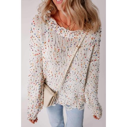 White Colorful Confetti Distressed Knit Sweater