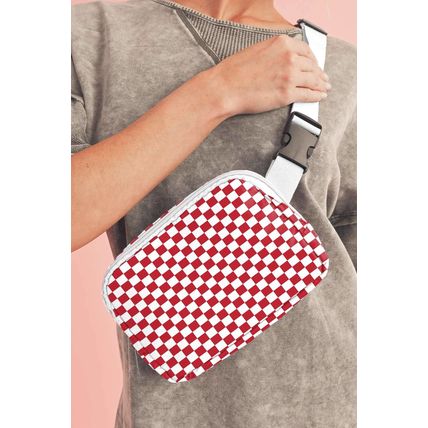 Fiery Red Checkered Print Zipped Buckle Strap Crossbody Bag