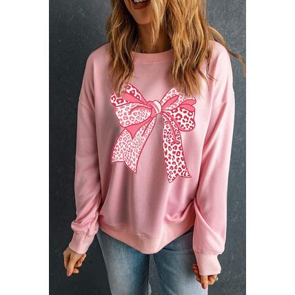 Pink Leopard Bowknot Printed Crewneck Pullover Sweatshirt