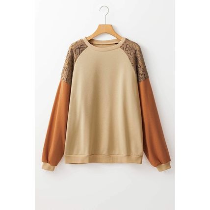Khaki Lace Patchwork Colorblock Drop Shoulder Sweatshirt