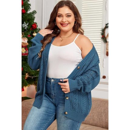 Real Teal Open Knit V Neck Button Front Drop Shoulder Plus Size Cardigan