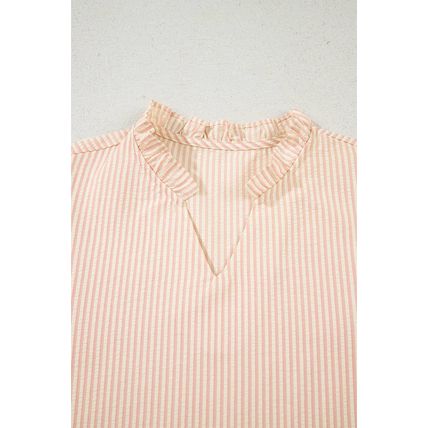 Pink Stripe Bow Knot Cuff Pearl Embellished Puff Sleeve V Neck Blouse