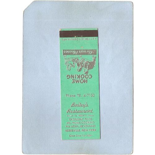 New York Keeseville Matchcover Bailey's Restaurant ny_box5~1374