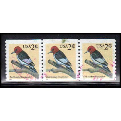 Used 3045 2c Red-Headed Woodpecker Very FineStrip of 3 PA3655