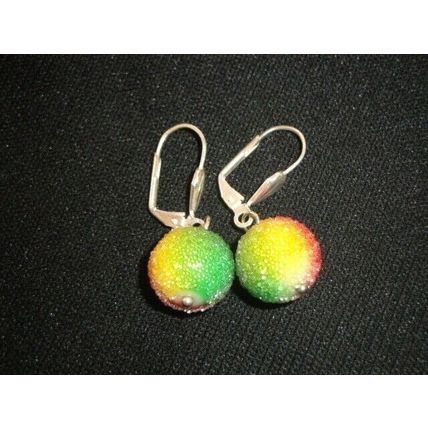 Two round multi colour textured glass short drop earrings Rastafari