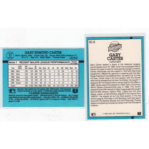 Lot of Two 1991 Donruss Gary Carter cards #151, #BC-8 – HOF - Giants