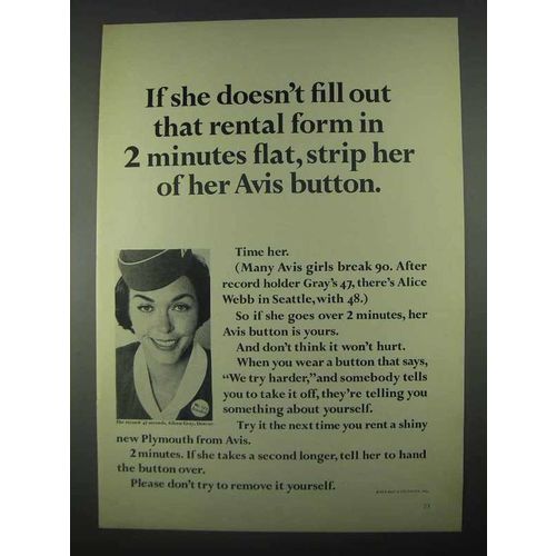 1967 Avis Rent-A-Car Ad - Strip Her Of Her Button