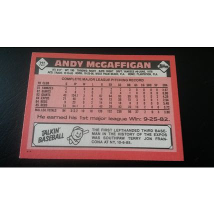 1986 Topps Traded Card # 072T Andy McGaffigan Excellent (5) Montreal Expos