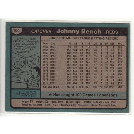 1980 Topps baseball Johnny Bench card #100- NM- HOF-Reds