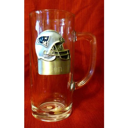 NEW ENGLAND PATRIOTS TALL GLASS & PEWTER TANKARD PERSONALIZED for JEN w HOLOGRAM