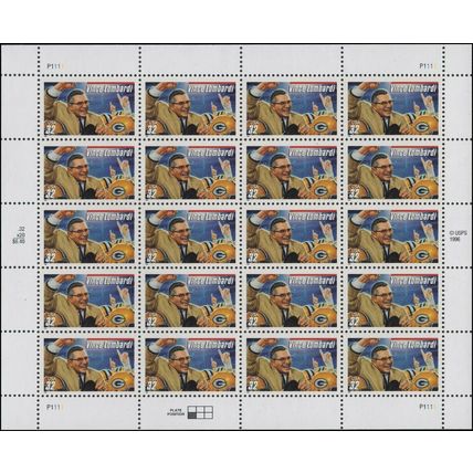Vincent Lombardi Football Coach Sheet of Twenty 32 Cent Stamps Scott 3147